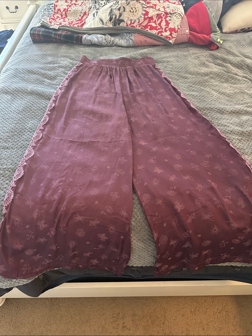 Free People Mauve Wide-Leg silk Lace-Trim Palazzo Pants
